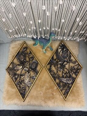 Pair of Vintage 1970s Burwood Gold & Black Bird & Floral Diamond Wall Art MCM
